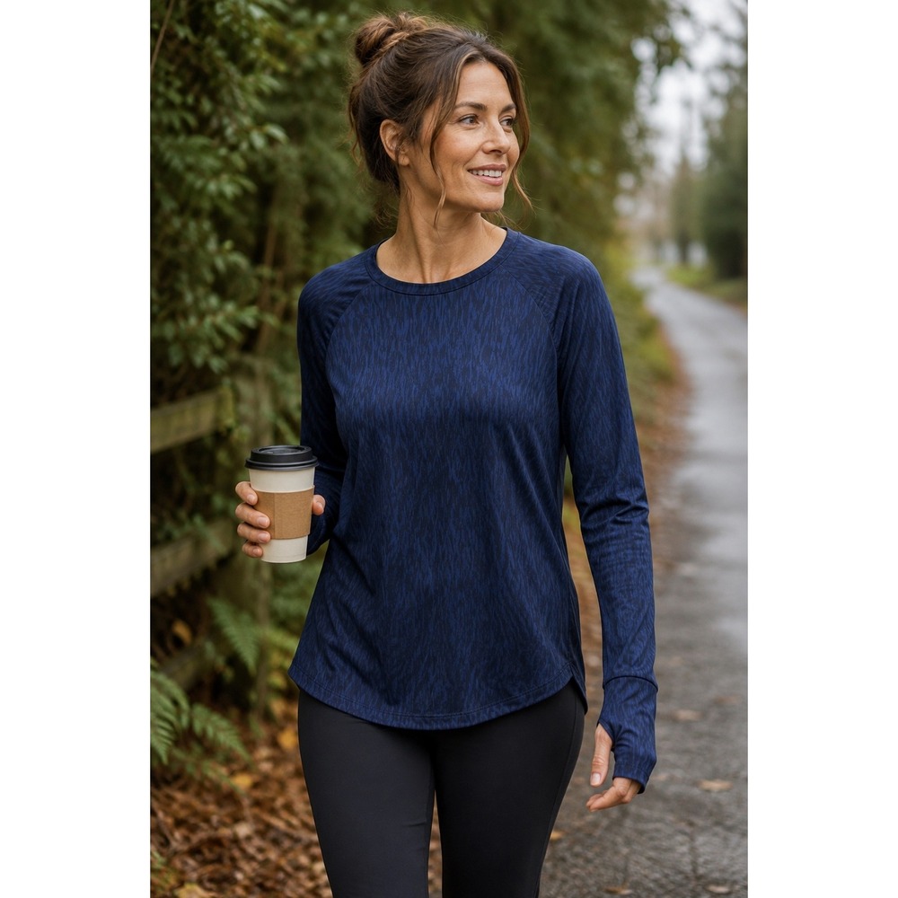 Title Nine Long Sleeve Performance‎ Running Top Thumbholes Navy Print L